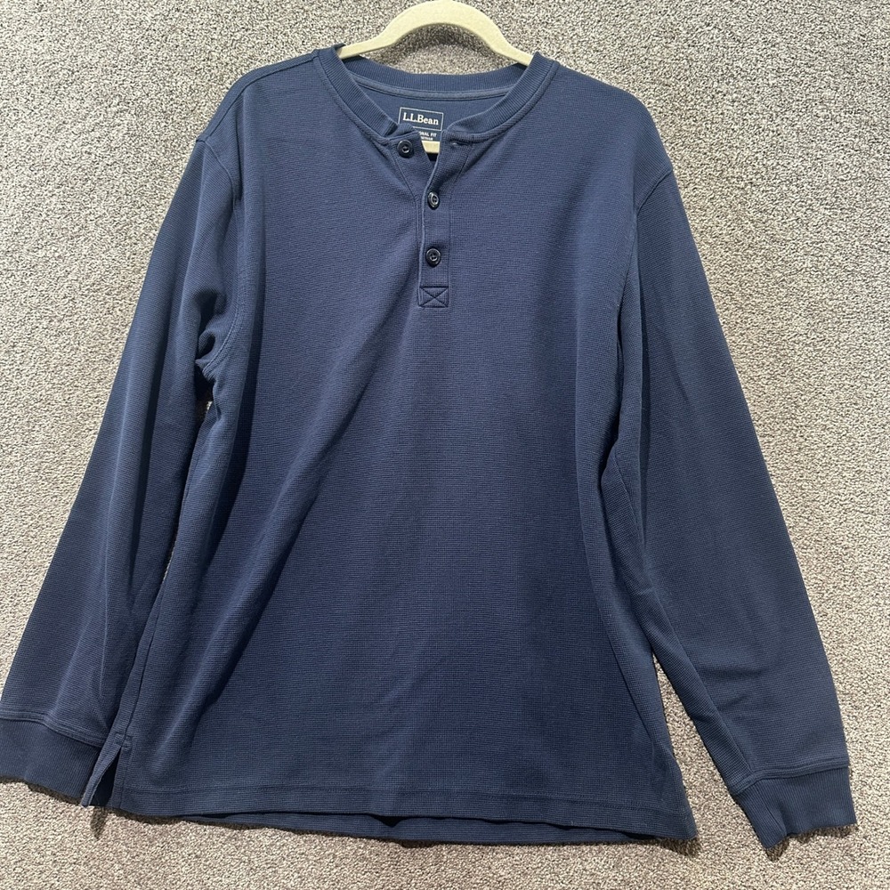 LL Bean Waffle Knit Thermal Long Sleeve Shirt Men M‎ Traditional Fit Blue Casual